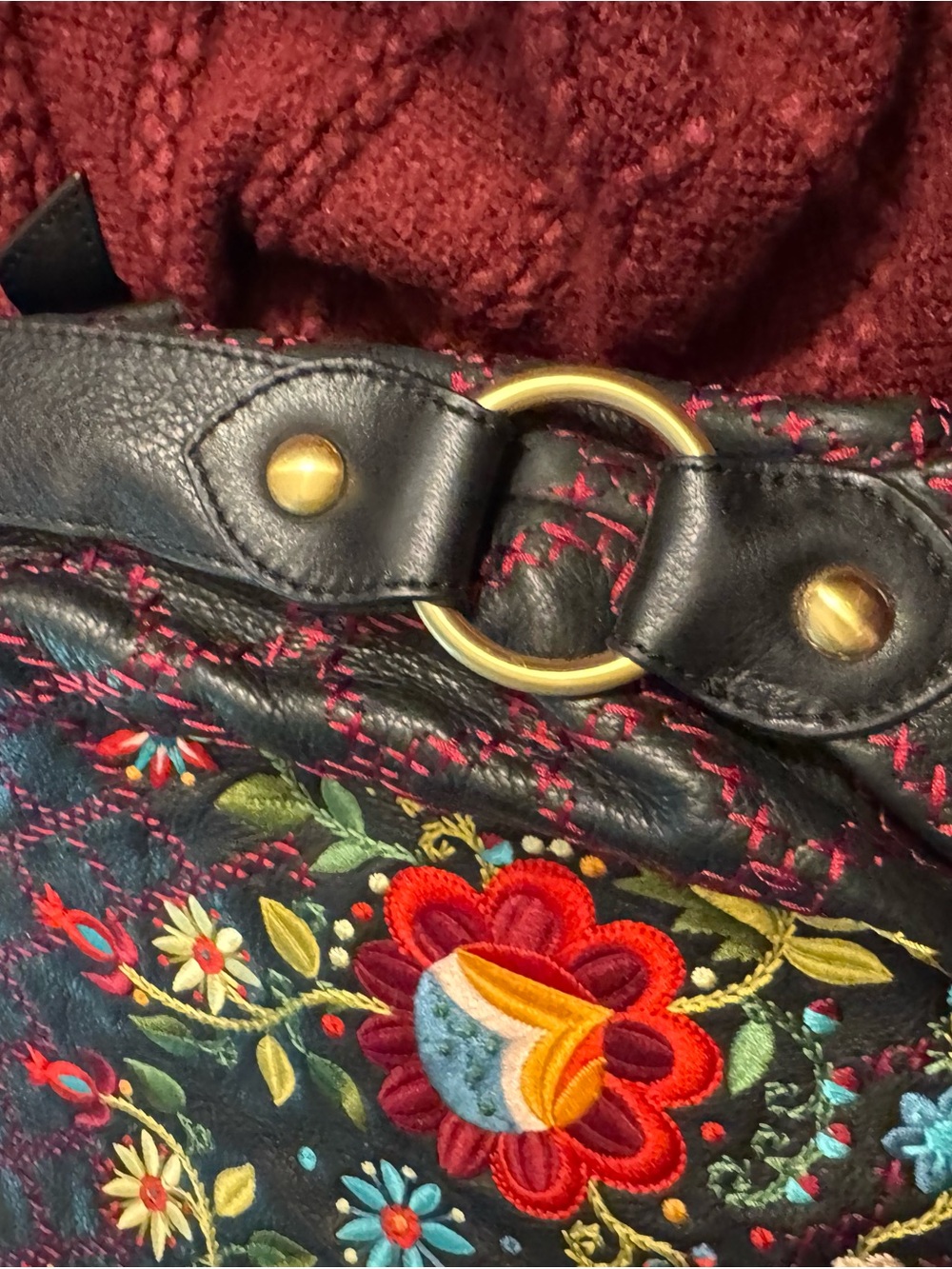 Rare Isabella Fiore Leather Shoulder Hobo Bag with Multicolor Floral Embroidery - Picture 9 of 12